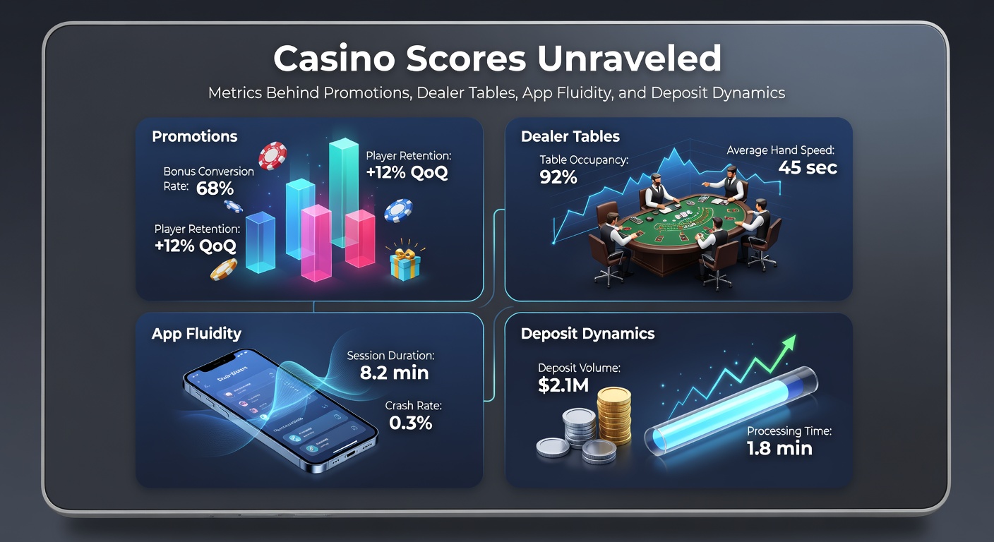 Digital dashboard displaying casino performance metrics including promotion yields, live dealer uptime, app response times, and deposit processing speeds