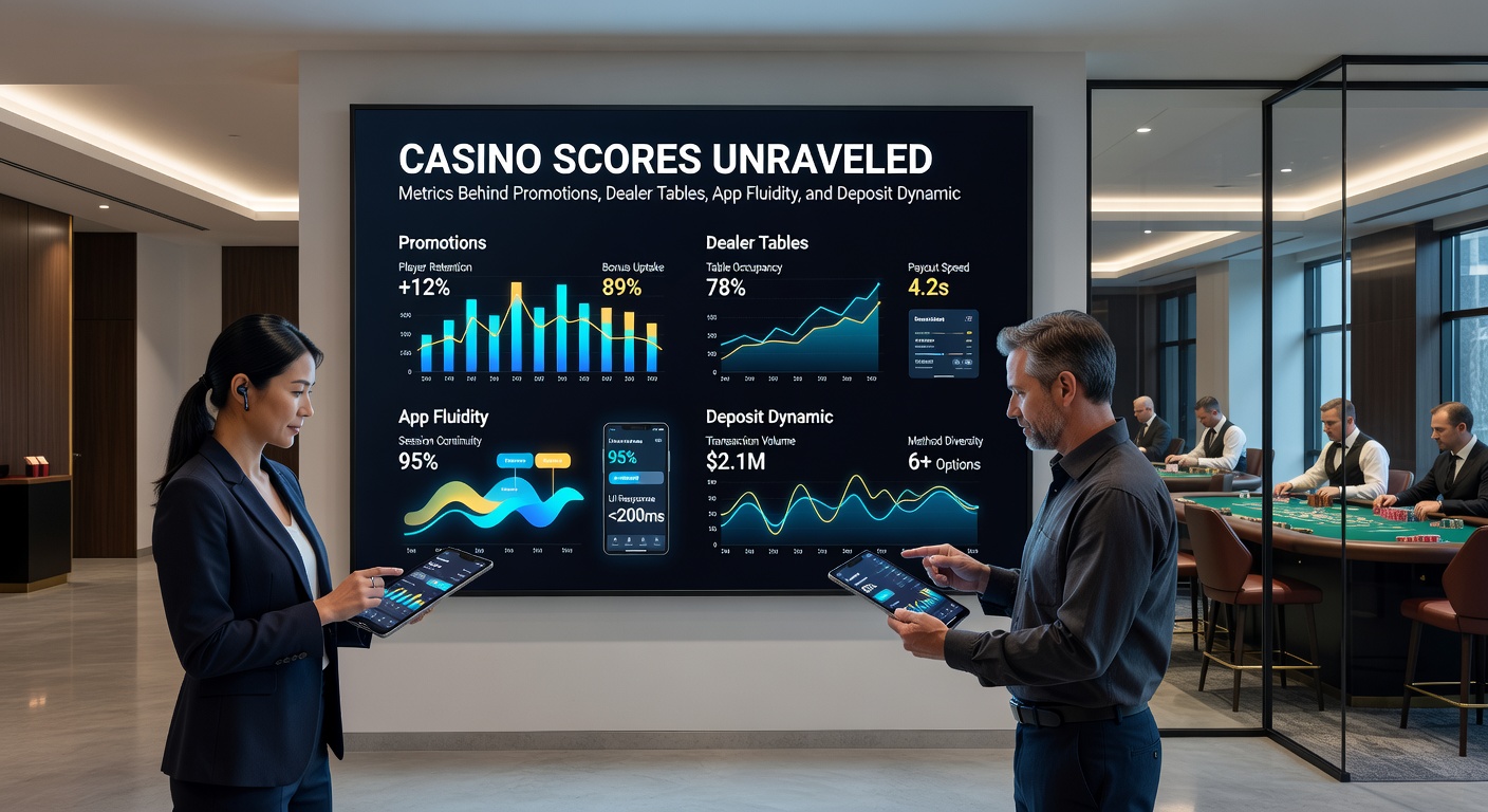 Close-up of a live dealer at a blackjack table on a mobile app screen, overlaid with performance graphs for app speed and deposit confirmations
