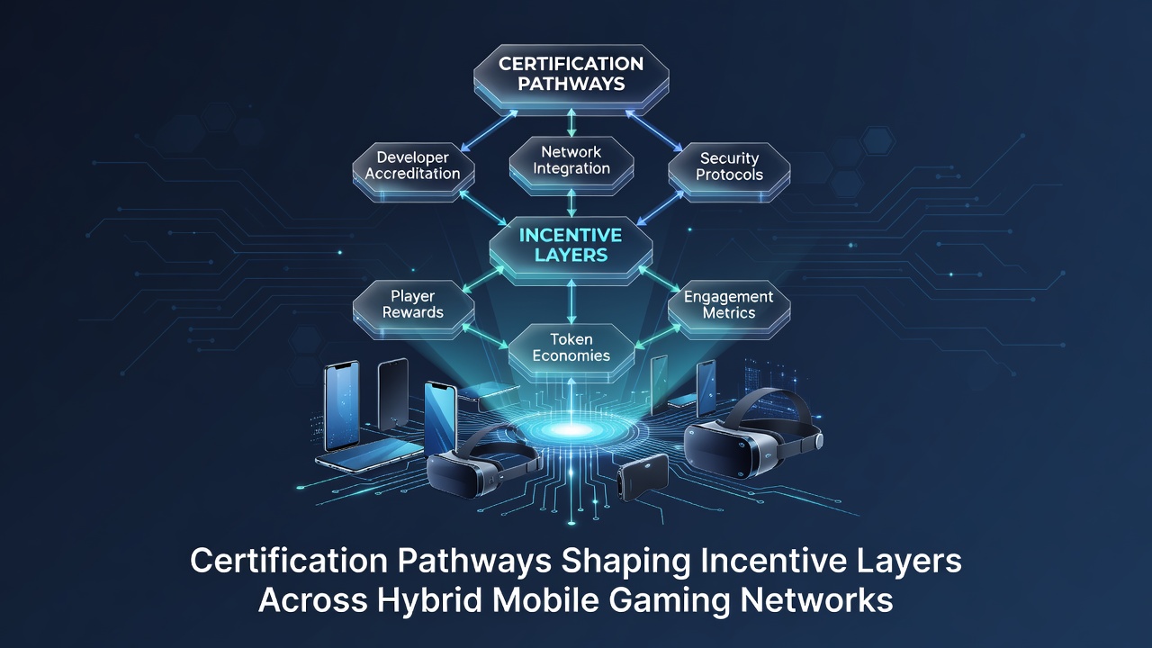 Certification pathways diagram illustrating incentive structures in hybrid mobile gaming networks