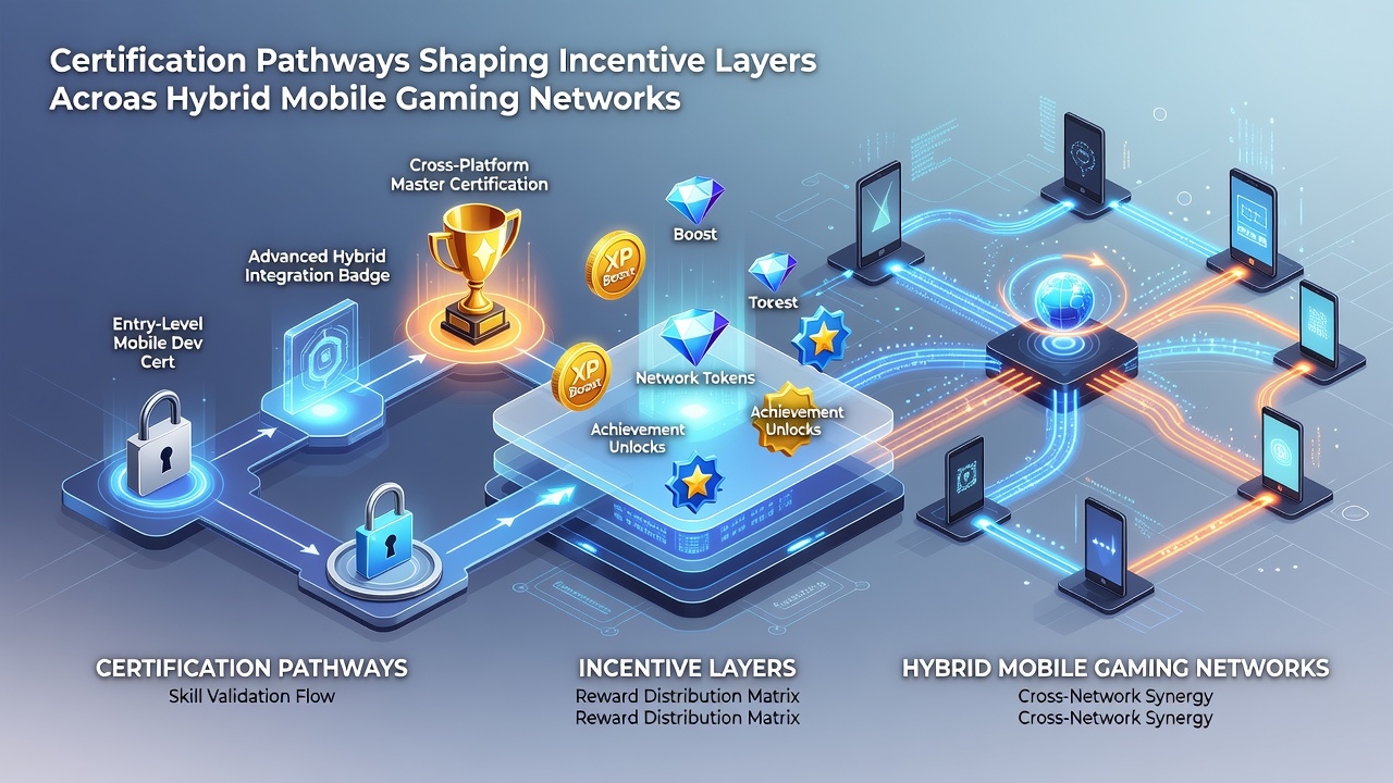 Hybrid mobile gaming network visualization showing layered incentives and certification checkpoints