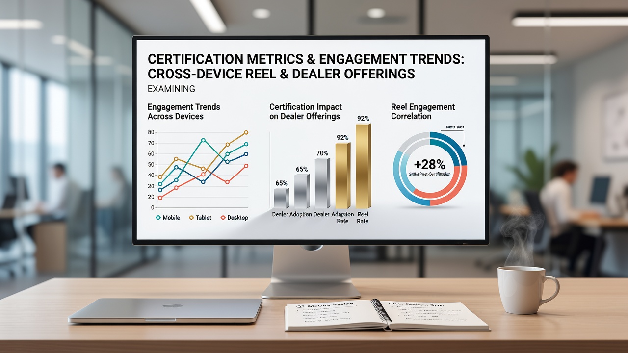 Certification metrics dashboard showing standards compliance across mobile reel and dealer platforms