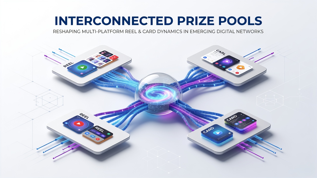 Digital illustration showing interconnected prize pools linking slots and card games across mobile and desktop casino platforms