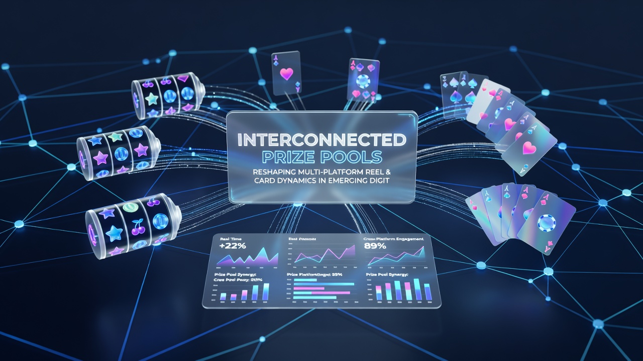 Network diagram depicting prize pool connections between reel slots, card tables, and multi-device access points in digital gaming ecosystems
