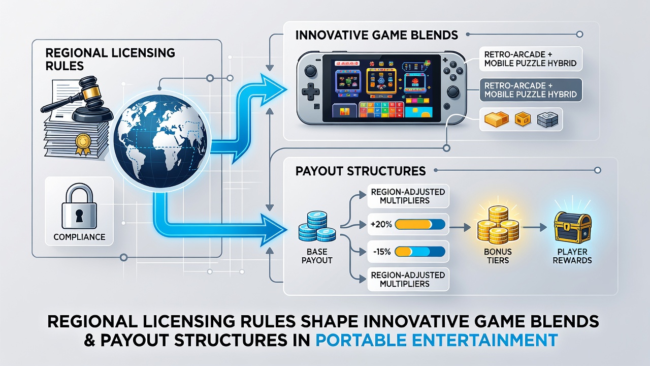 Portable devices showing payout interfaces and game blend options shaped by licensing rules