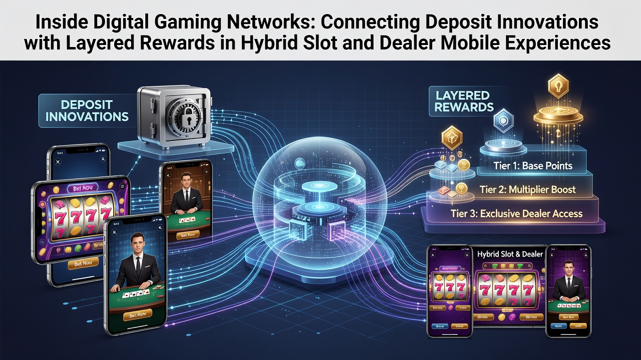 Digital gaming networks showing mobile slots and live dealer interfaces with payment and reward layers