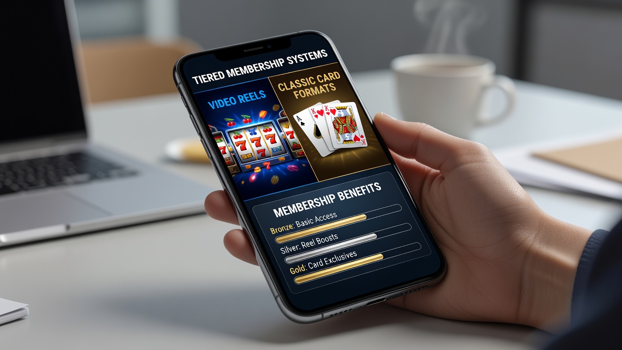 Mobile casino app interface showing tiered membership levels alongside video reel and card game options