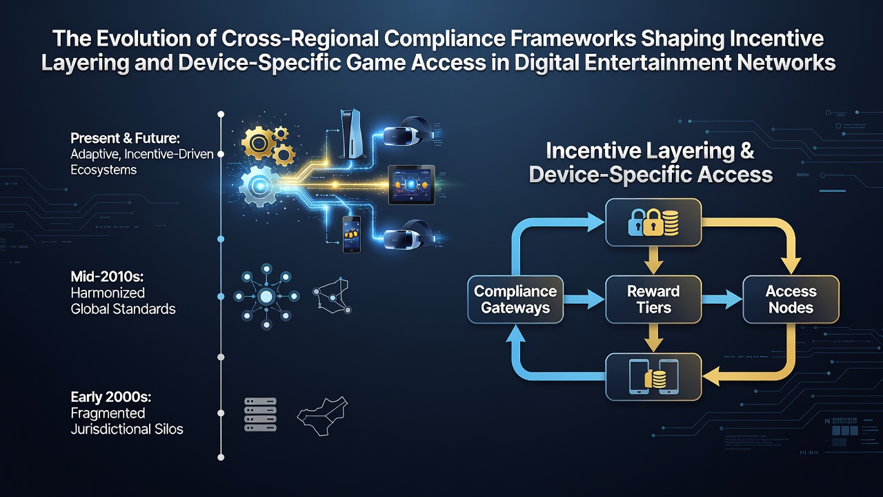 Cross-regional compliance frameworks diagram showing incentive structures across devices in digital gaming networks