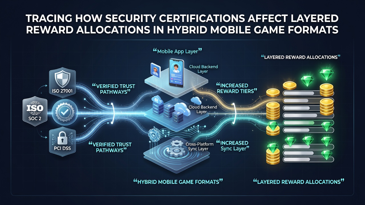 Security certification icons overlaid on mobile game interfaces showing reward tiers and hybrid slot plus live dealer elements
