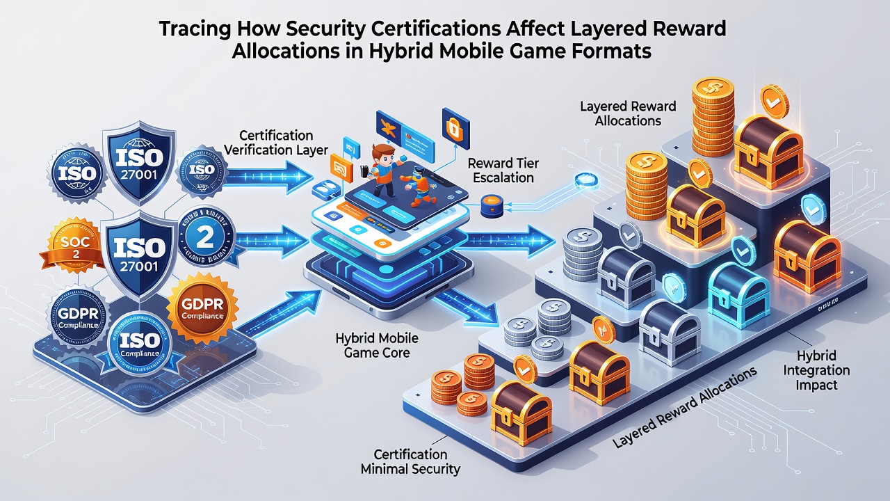 Mobile device displaying layered reward dashboard with certification badges next to slot and live dealer game thumbnails